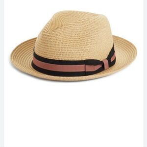 Nordstrom Classic Stripe Straw Fedora Hat in Tan Combo NEW Size S / M